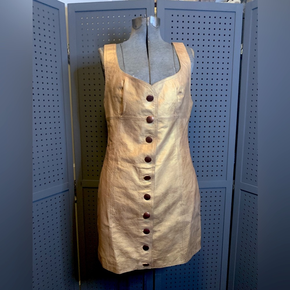 Free People Gold Genuine Leather Button Up Dress Size 10 runs small